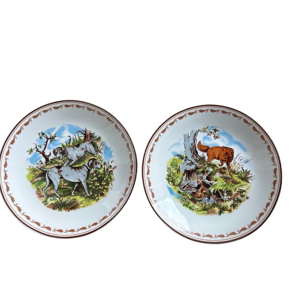 Lot of 2 Lichte Fine China Plates Hunting Dogs & Fox & Birds 7.5” Decorative